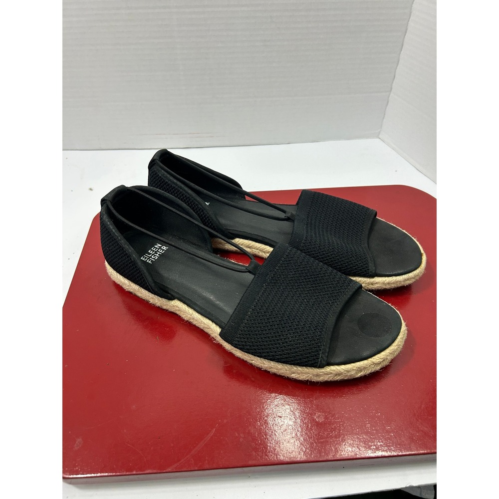 Eileen Fisher Espadrille Sandals 9.5 Black Stretch Knit Jute Flat Minimalist